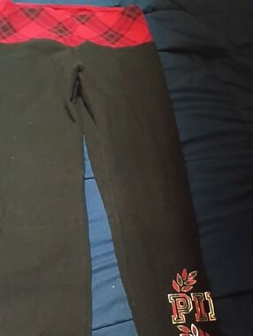 PINK Victoria's Secret Black Leggings with Red Plaid Waistband and Red Logo